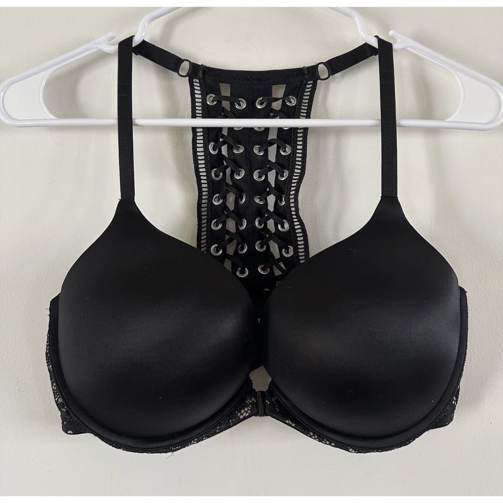Victorias Secret Black Bombshell Push Up Bra Lace Up Back 34B Front Closure